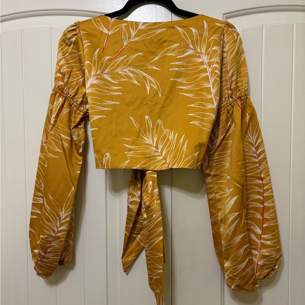 Camila Coelho Marcia Crop Top Gold Tropical Puff Sleeve Resort Glam Blouse, sz S - Picture 6 of 11